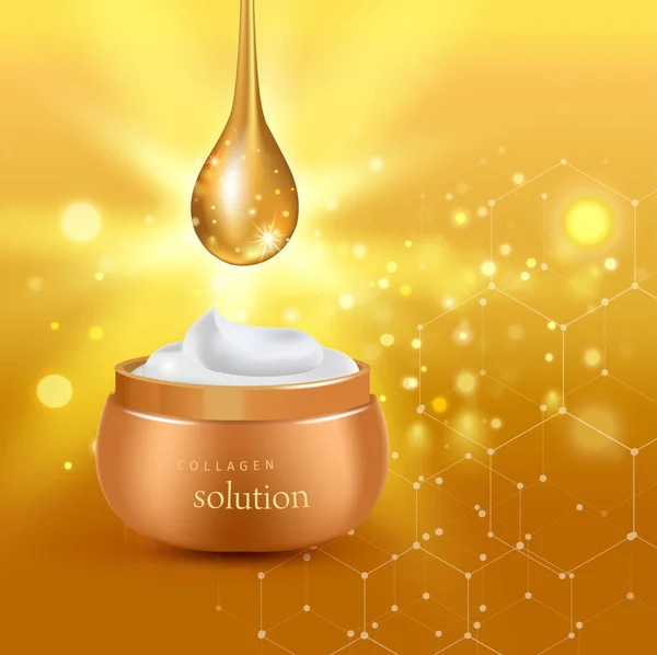 Cartaz de tubo cosmético realista dourado com creme de solução de colágeno ou essência na ilustração vetorial de fundo —  Vetores de Stock