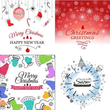 Merry Christmas e-kart şablon kümesi. Vektör çizim.
