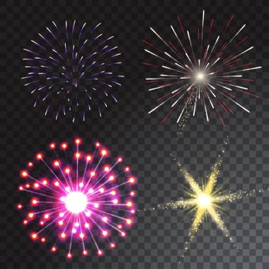 Saydam arka plan üzerinde izole renkli havai fişek kümesi. Vektör çizim