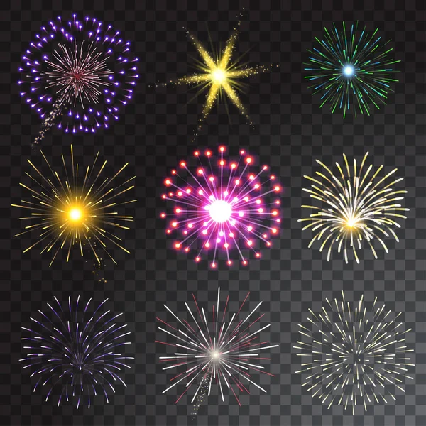 Conjunto de fogos de artifício coloridos isolados sobre fundo transparente. Ilustração vetorial —  Vetores de Stock