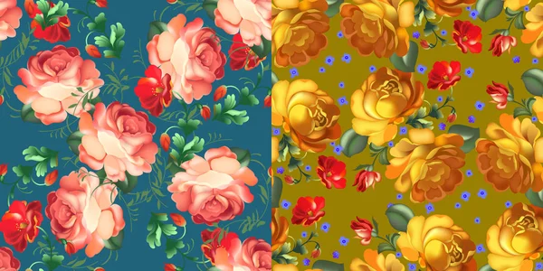 Conjunto de padrão sem costura têxtil floral em russo Zhostovo style.Vector ilustração . — Vetor de Stock