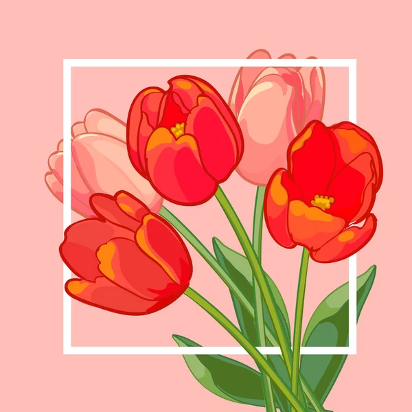 Ramo de tulipanes rosa y rojo sobre fondo rosa. Ilustración vectorial — Archivo Imágenes Vectoriales