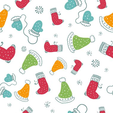 Noel çorap, eldiven ve şapka ile Seamless modeli. Vektör çizim.