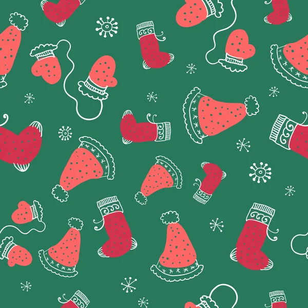 Безшовний візерунок з різдвяними шкарпетками, рукавичками та капелюхами. Векторні ілюстрації . — стоковий вектор