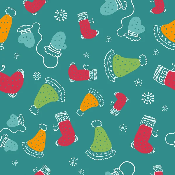 Бесшовный рисунок с рождественскими носками, варежками и шляпами. Векторная иллюстрация . — стоковый вектор