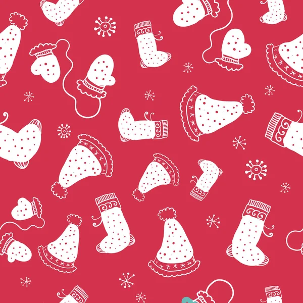 Nahtloses Muster mit weihnachtlichen Socken und Mützen. Vektorillustration. — Stockvektor