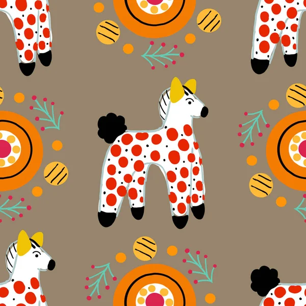Naadloze patroon met paard in Russische Dymkovo stijl. Vectorillustratie. — Stockvector