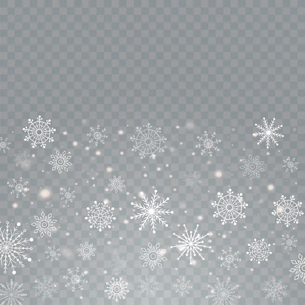 Realistisch fallende Schneeflocken isoliert auf transparentem Hintergrund. Vektorillustration — Stockvektor