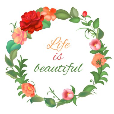 Kartpostal çiçeklerin yuvarlak bir çerçeve ile. Vektör çizim