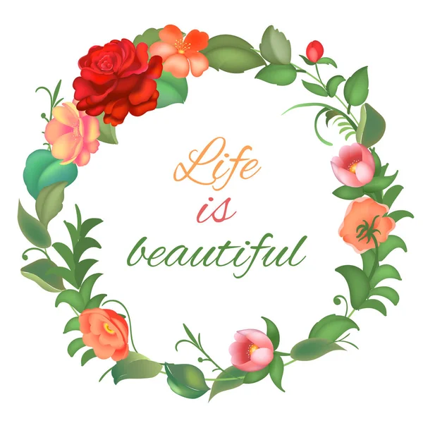 Kartpostal çiçeklerin yuvarlak bir çerçeve ile. Vektör çizim