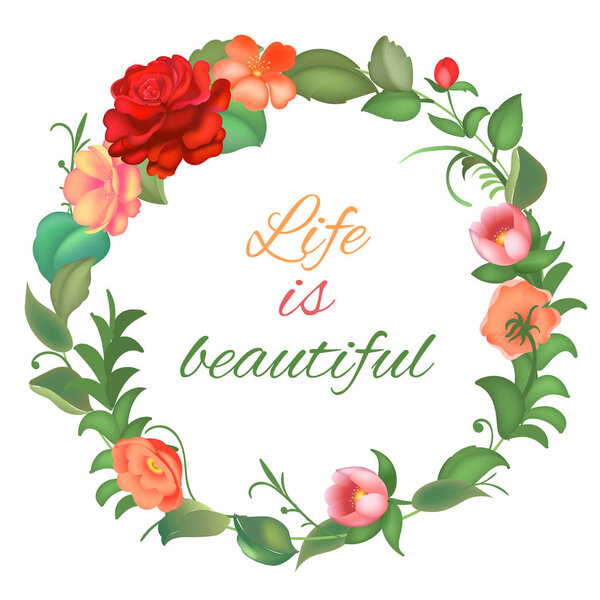 Postcard with a round frame of flowers. Vector illustration