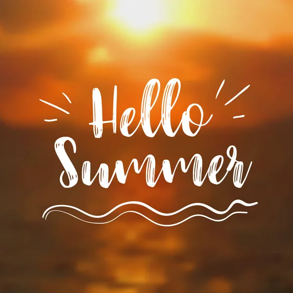 Hola Tarjeta de verano con Sunset Background. Ilustración vectorial — Vector de stock