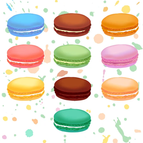 Macarrones franceses de diferentes colores. Ilustración vectorial . — Vector de stock