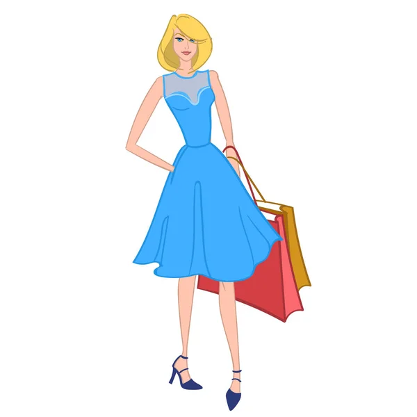 Chica fácil con bolsas de compras. Ilustración vectorial . — Vector de stock