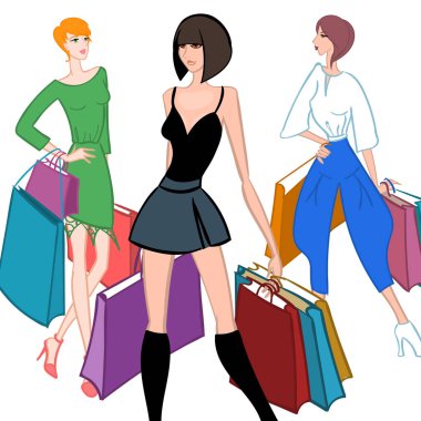 Fasionable kız alışveriş torbaları ile. Vektör çizim.