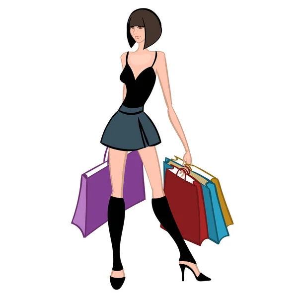 Chica fácil con bolsas de compras. Ilustración vectorial . — Vector de stock