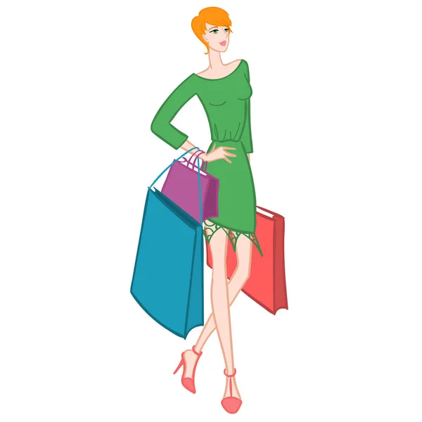 Chica fácil con bolsas de compras. Ilustración vectorial . — Vector de stock