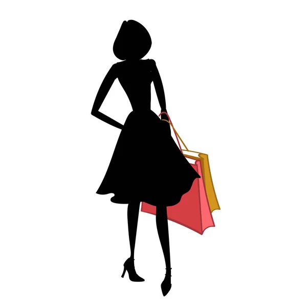 Silueta de mujer con diferentes bolsas de compras de colores. Ilustración vectorial — Vector de stock