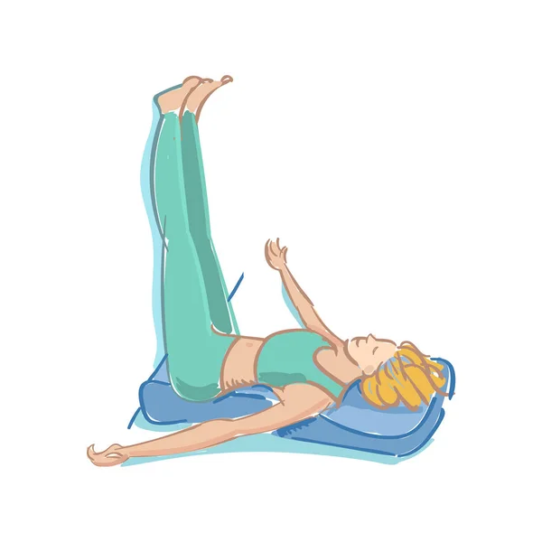 La giovane donna fa esercizi fisici di yoga sul compagno. Illustrazione vettoriale — Vettoriale Stock