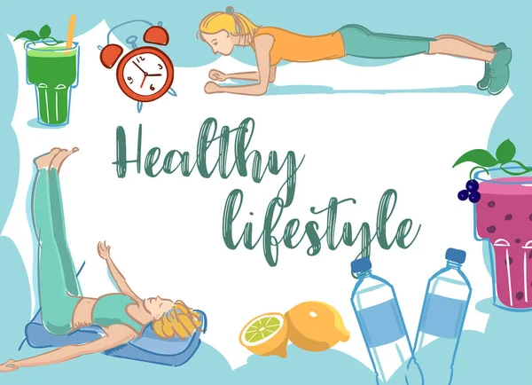 Healthy lifestyle elements frame card. Vector illustration. — Stock Vector