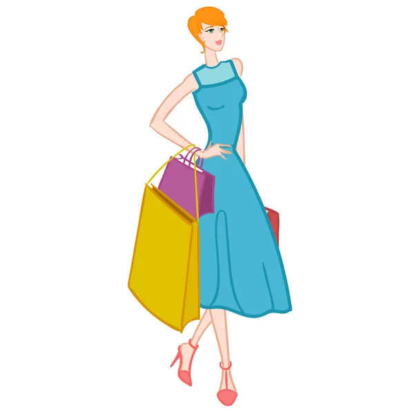 Chica fácil con bolsas de compras. Ilustración vectorial . — Vector de stock