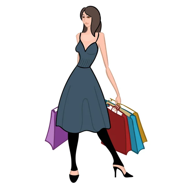 Chica fácil con bolsas de compras. Ilustración vectorial . — Vector de stock