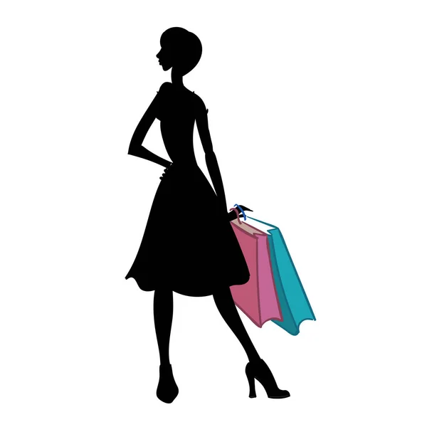 Silhueta de mulher com diferentes sacos de compras coloridos. Ilustração vetorial —  Vetores de Stock