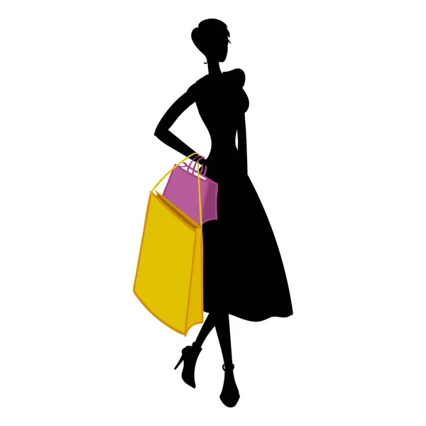 Silhouette di donna con diverse borse della spesa colorate. Illustrazione vettoriale — Vettoriale Stock