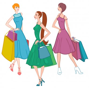 Fasionable kız alışveriş torbaları ile. Vektör çizim.