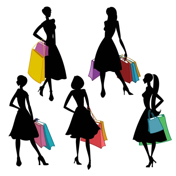 Silhouette di donne con shopping bag. Illustrazione vettoriale . — Vettoriale Stock