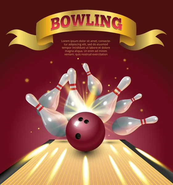 Bowling club poster with realistic ball and skittles and sparkle. — Stock Vector