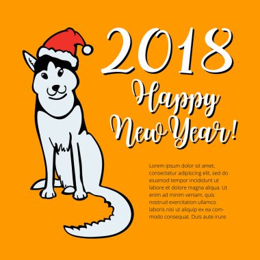 Santa Claus şapka oturma ve gülümseme mutlu küçük köpek. Köpek Çin takvimine 2018 yıl sembolüdür.