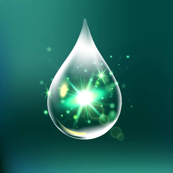 Glitter vattendroppe, vattendroppe med effekter som isolerad på grön bakgrund. 3D illustration. — Stock vektor
