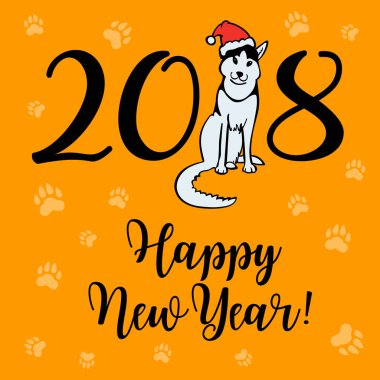 Santa Claus şapka oturma ve gülümseme mutlu küçük köpek. Köpek Çin takvimine 2018 yıl sembolüdür.