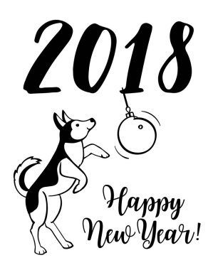 Santa Claus şapka oturma ve gülümseme mutlu küçük köpek. Köpek Çin takvimine 2018 yıl sembolüdür.