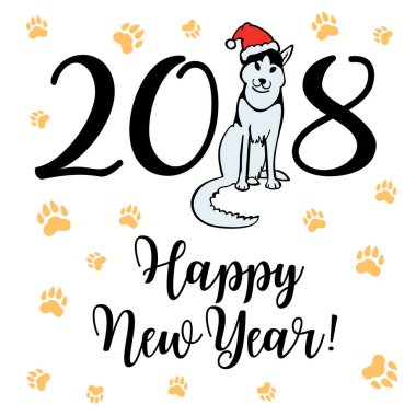 Santa Claus şapka oturma ve gülümseme mutlu küçük köpek. Köpek Çin takvimine 2018 yıl sembolüdür.