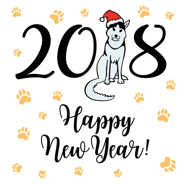 Santa Claus şapka oturma ve gülümseme mutlu küçük köpek. Köpek Çin takvimine 2018 yıl sembolüdür.