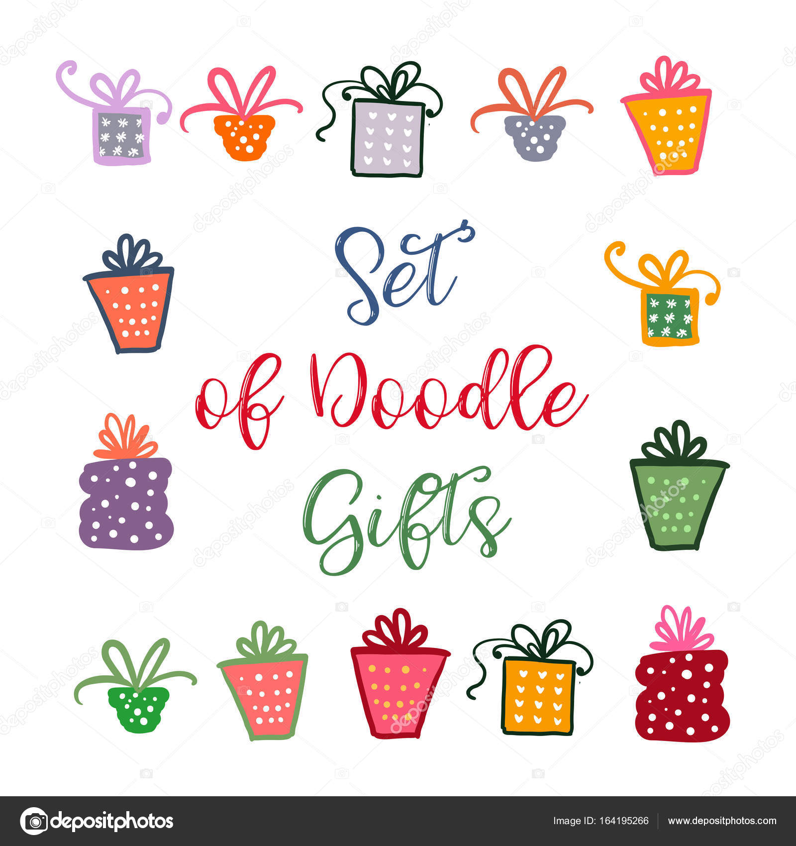 Doodle Set Of Presents Ribbons Stars Vector Isolated On White For