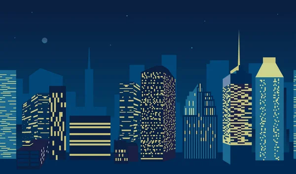 Голубой городской пейзаж с силуэтом высоких небоскребов зданий в дизайне бесшовных узоров — стоковый вектор