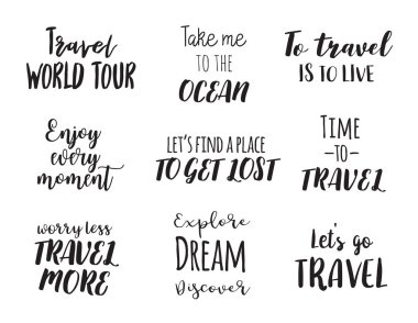 Yaşam tarzı ilham tırnak yazı seyahat. Motivasyonel tipografi. Hat grafik tasarım öğesi.