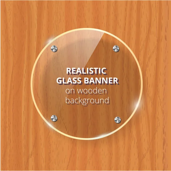 Placa de vidrio transparente se burlan. Fondo de madera marrón. Elemento decorativo de diseño gráfico. Panel de plástico brillante con reflexión, sombra . — Vector de stock