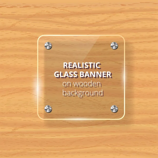 Placa de vidrio transparente se burlan. Fondo de madera amarillo. Elemento decorativo de diseño gráfico. Panel de plástico brillante con reflexión, sombra . — Vector de stock