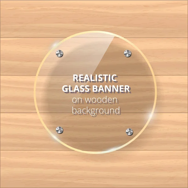 Placa de vidrio transparente se burlan. Fondo de madera amarillo. Elemento decorativo de diseño gráfico. Panel de plástico brillante con reflexión, sombra . — Vector de stock