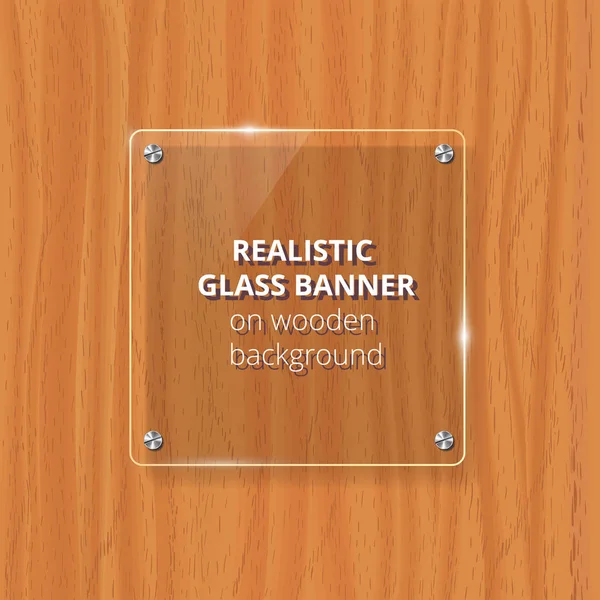 Placa de vidrio transparente se burlan. Fondo de madera marrón. Elemento decorativo de diseño gráfico. Panel de plástico brillante con reflexión, sombra . — Vector de stock