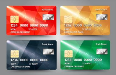 Gerçekçi detaylı kredi kartları ile renkli üçgen tasarım arka plan belirleme.