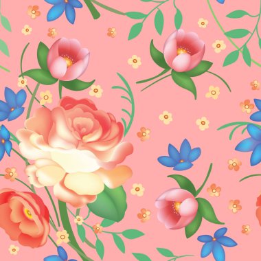 Eski püskü şık vintage gül, Lale ve korun vintage seamless modeli, klasik basma çiçek tekrar arka plan web ve baskı için