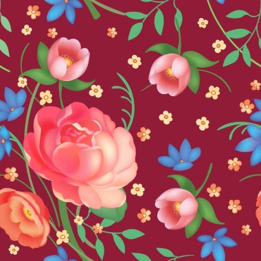 Eski püskü şık vintage gül, Lale ve korun vintage seamless modeli, klasik basma çiçek tekrar arka plan web ve baskı için