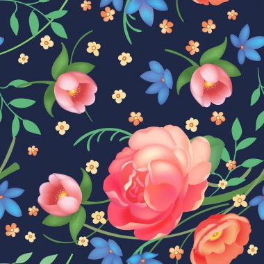 Eski püskü şık vintage gül, Lale ve korun vintage seamless modeli, klasik basma çiçek tekrar arka plan web ve baskı için