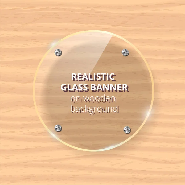 Placa de vidrio transparente se burlan. Fondo de madera amarillo. Elemento decorativo de diseño gráfico. Panel de plástico brillante con reflexión, sombra . — Vector de stock