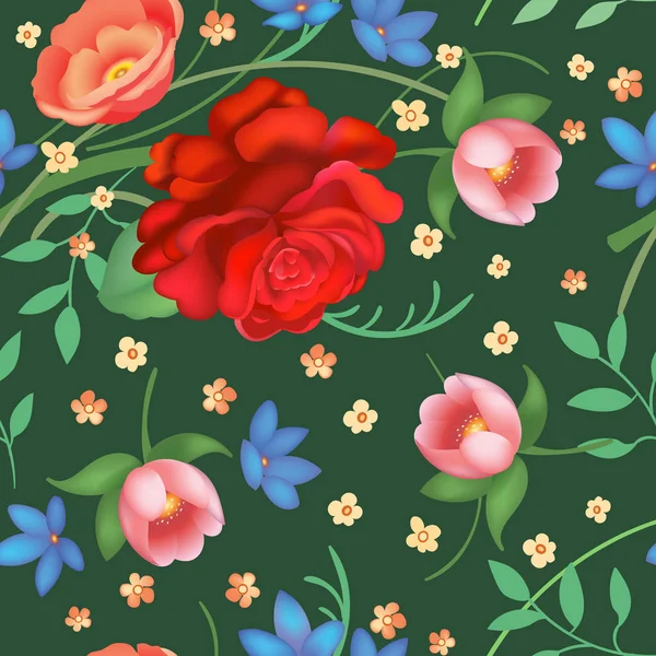 Shabby chic vintage roses, tulipes et oublions-moi-nots motif vintage sans couture, chintz classique fond de répétition florale pour le web et l'impression — Image vectorielle